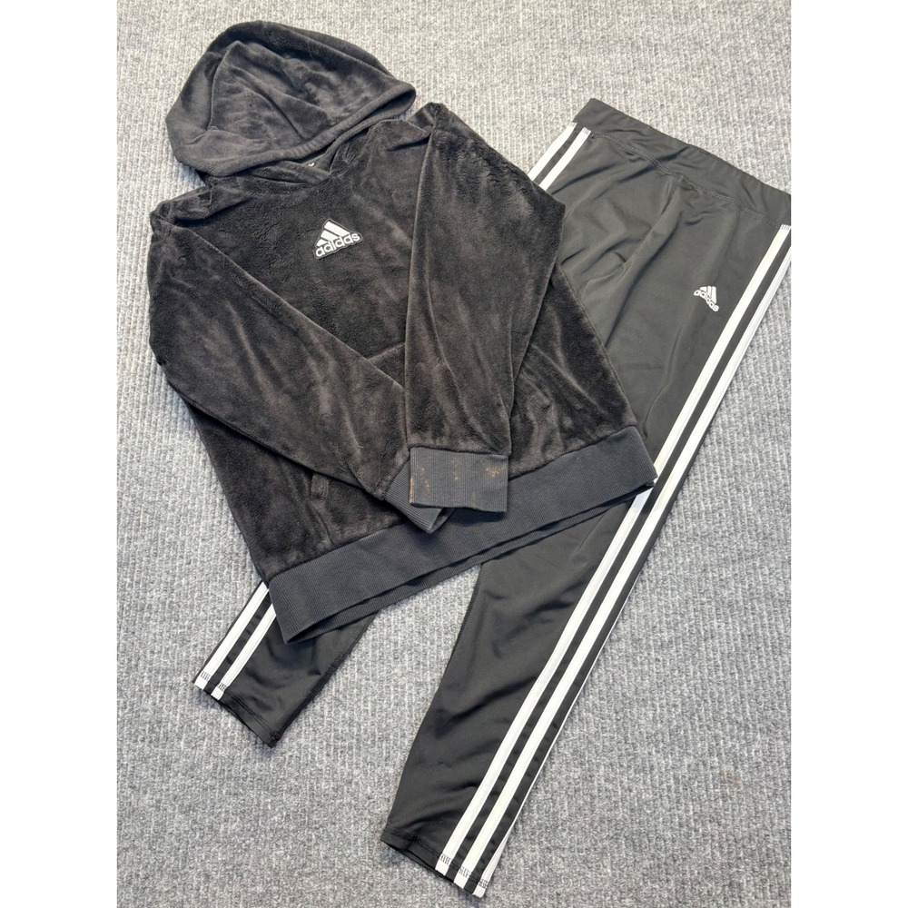 Adidas Kids Fleece Hoodie and Leggings Set Black Size Medium 10/12 Activewear